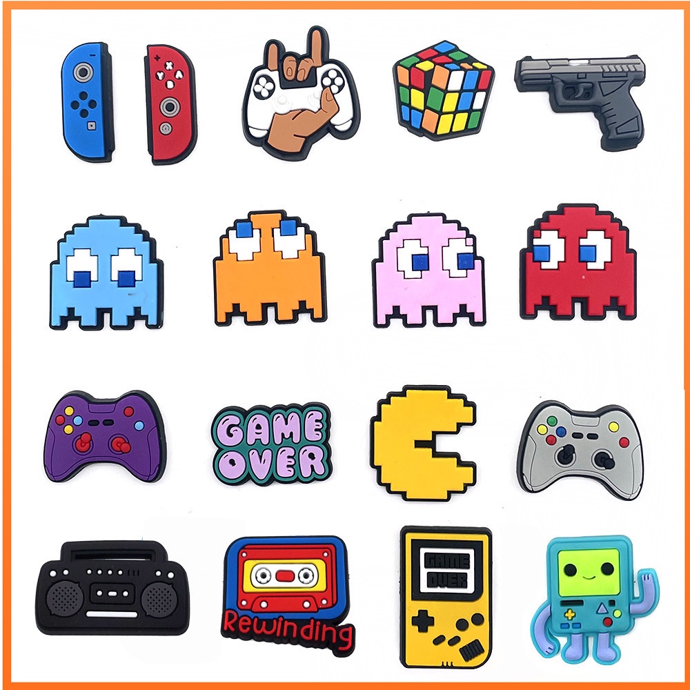 jibbitz-crocs-17-ชิ้น-เซตรองเท้า-เสน่ห์-การ์ตูน-พิกเซล-เกม-pac-man-pvc-croc-charms-aceessories-clogs-หัวเข็มขัด-ของขวัญเด็ก