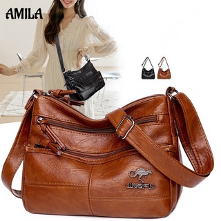 AMILA กระเป๋าสะพายข้างกระเป๋าสะพายผิวนุ่มพื้นผิวหญิงเวลายังเรียบง่ายย้อนยุคหลายกระเป๋าความจุสูง