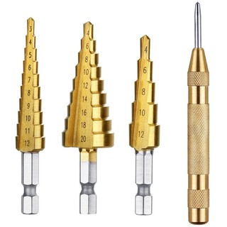 สินค้า ดอกสว่าน เคลือบไทเทเนี่ยม ทรงเจดีย์ Step Drill เจาะขยาย คว้านรู (ชุด 3ชิ้น)& 1 pcs Automatic Center Punch