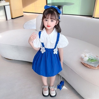 【ชุดเด็กผู้หญิง】2023 สาวใหม่ฤดูร้อนกระโปรงชุดเด็กเกาหลีชุดเจ้าหญิงเสื้อแขนสั้นกระโปรงชุด 2 ชิ้น