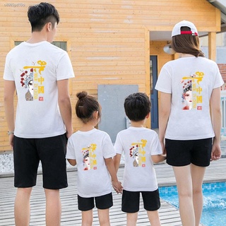 เสื้อผ้าPeking Opera แต่งหน้าผ้าฝ้ายสไตล์จีนพ่อแม่และลูกฤดูร้อนเสื้อยืดแขนสั้นสำหรับครอบครัวสามและสี่เสื้อครึ่งแขนลำลอง