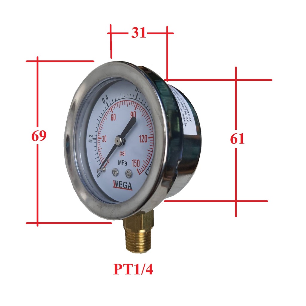 ภาพสินค้าเกจวัดแรงดัน 2.5" WEGA pressure gauge แสตนเลส ขนาดหน้าปัด 2.5 นิ้ว เกลียวทองเหลือง 1/4" ออกด้านล่าง 1 (Bar/PSI) จากร้าน pandajanal บน Shopee ภาพที่ 3