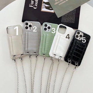 พร้อมส่ง เคสโทรศัพท์มือถือหนังจระเข้ กันกระแทก พร้อมสายคล้องโลหะ และช่องใส่บัตร สําหรับ iphone 13 13pro 13proMax 12 12pro 12proMax 11 11pro 11promax 8 7Plus X XS Max Xr