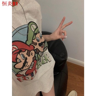 ผลิตภัณฑ์ใหม่👕เสื้อยืดผ้าฝ้าย 100% [Super Mario] การ์ตูนย้อนยุคอเมริกัน 2022 Xia Guochao เสื้อยืดคอกลมหลวมผู้หญิง