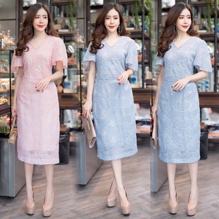 Dressyhappy เดรสไปงาน เดรสออกงาน เดรสลูกไม้แขนผีเสื้อดีเทลริบบิ้นขดลายทั้งตัวแต่งเป็นมิติสวยมาก มี size M-XXL