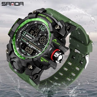 SANDA นาฬิกาข้อมือผู้ชายสุดหรูแบรนด์หรูนาฬิกาสปอร์ตกันน้ำ LED แสดงผล นาฬิกาปลุกผู้ชาย
