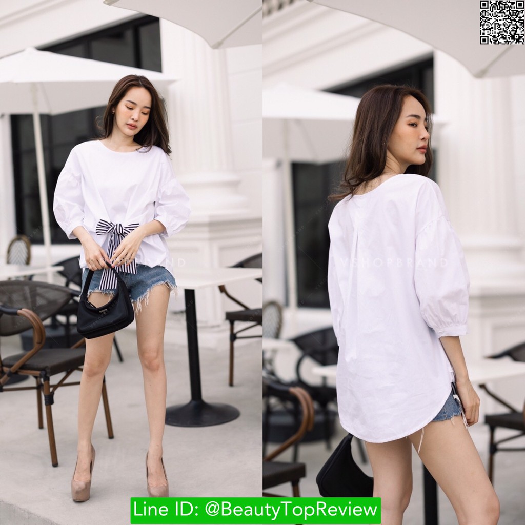 vsh1817-0-white-ดีไซน์ผูกโบว์หน้าลายริ้ว-เอวสม็อคล่าง-แขนสามส่วน