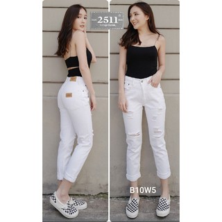 2511 Jeans by Araya กางเกงยีนส์ ผญ กางเกงยีนส์ผู้หญิง ทรงบอย ยีนส์เอวสูง สีขาว แต่งขาด ผ้าไม่ยืด
