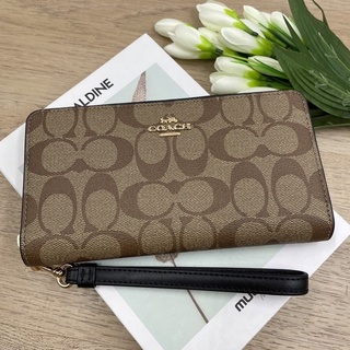 (ผ่อน0%)กระเป๋าสตางค์ สายคล้องมือซิปรอบ Coach Long Zip Around Wallet In Signature Canvas C4452 ลายซีสีน้ำตาลอ่อน คาราเมล