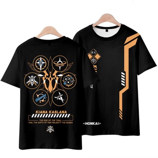 เสื้อยืดแขนสั้นพิมพ์ลายอนิเมะ Honkai Impact 3 Kiana Kaslana 3D แฟชั่น Unisex