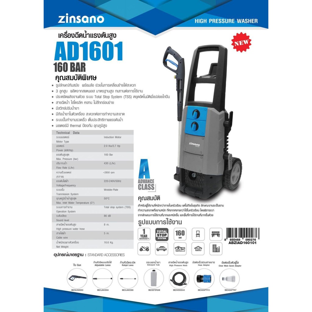 เครื่องฉีดน้ำแรงดันสูง-zinsano-160bar-ad1601