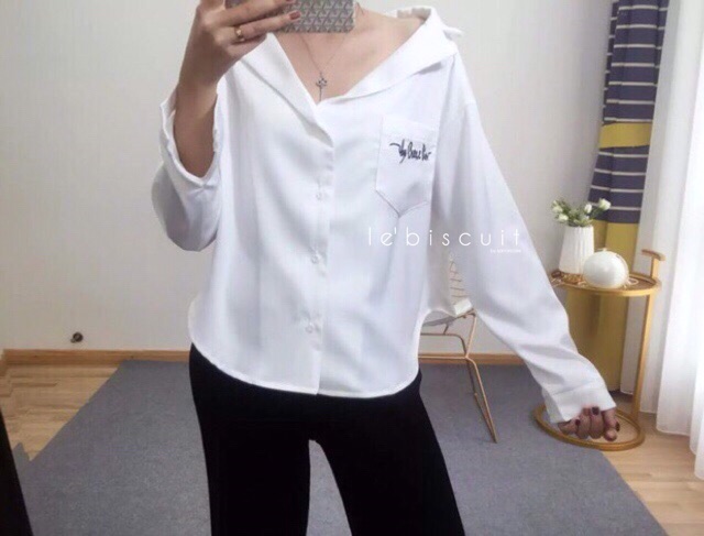 เสื้อเชิ้ตแขนยาว-สกรีนกระเป๋าที่อก-korean-style