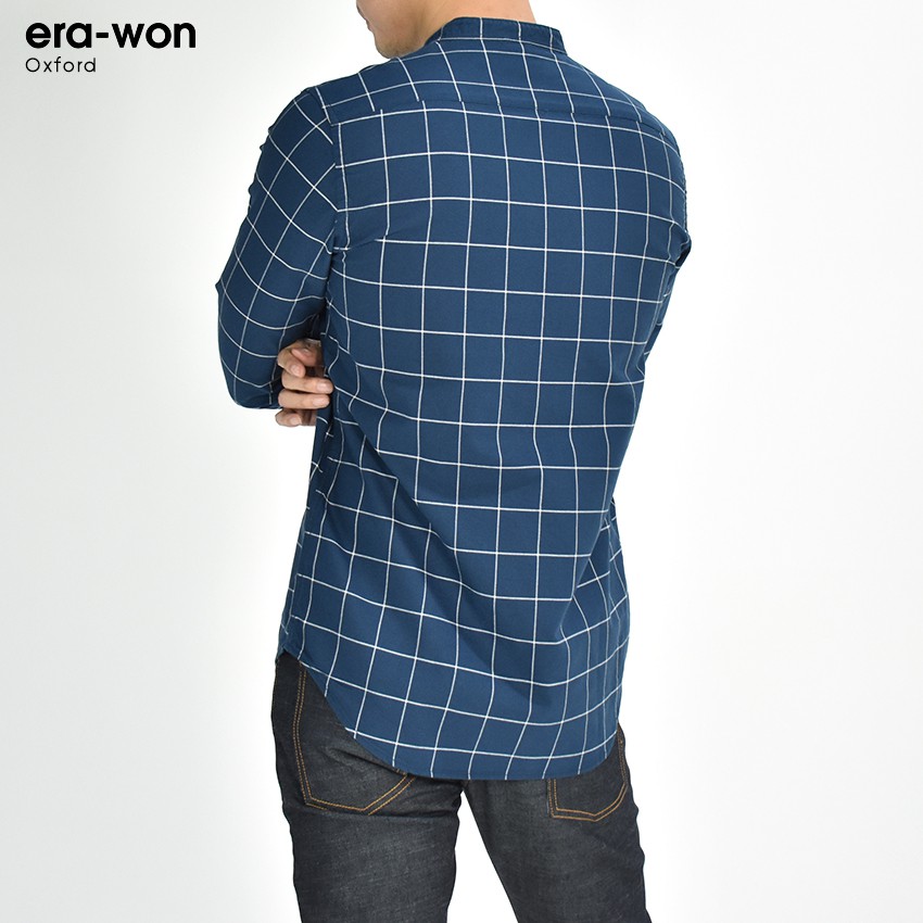 erawon-shop-1717bw-เสื้อเชิ้ตผู้ชายแขนยาว-อ็อกส์ฟอร์ด-คอจีน-graph-checked-mandarin-collar-ทรง-regular-fit-สี-blue-world