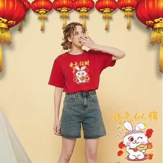 ผ้าฝ้าย 100% เสื้อยืดผ้าฝ้าย 2023 2023 Year of The Rabbit CNY Women Shirt 钱兔似锦 金兔招财 Red Tshirt Girls New Year Party Clot