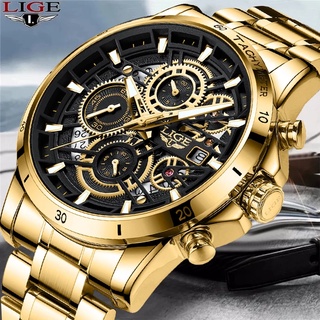 Lige นาฬิกาข้อมือควอตซ์แฟชั่น สายแสตนเลส หน้าปัดใหญ่ กันน้ํา สีทอง หรูหรา สําหรับบุรุษ