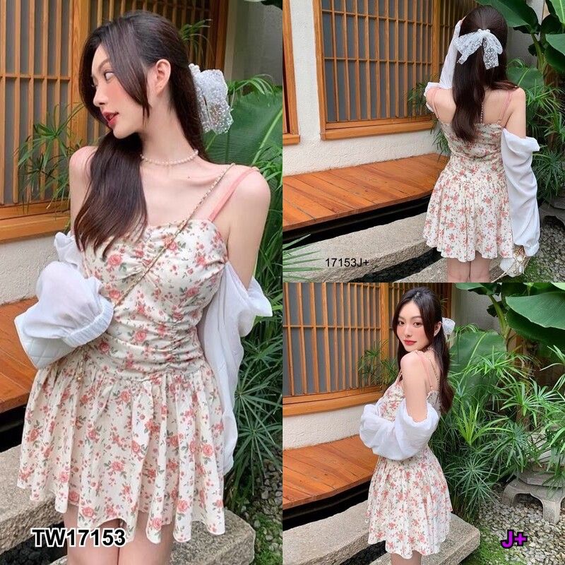 สอบถามสต้อกก่อนโอนค่า-tw17153-ชุดเดรสสั้นสีครีม-ลายดอกไม้