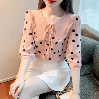 [Fashion Recommendation] เสื้อเชิ้ตแขนสามส่วน คอตุ๊กตา ลายจุด ประดับโบว์ สไตล์ฝรั่งเศส ฝรั่งเศส เข้ากับทุกการแต่งกาย แฟชั่นฤดูใบไม้ผลิ สําหรับผู้หญิง