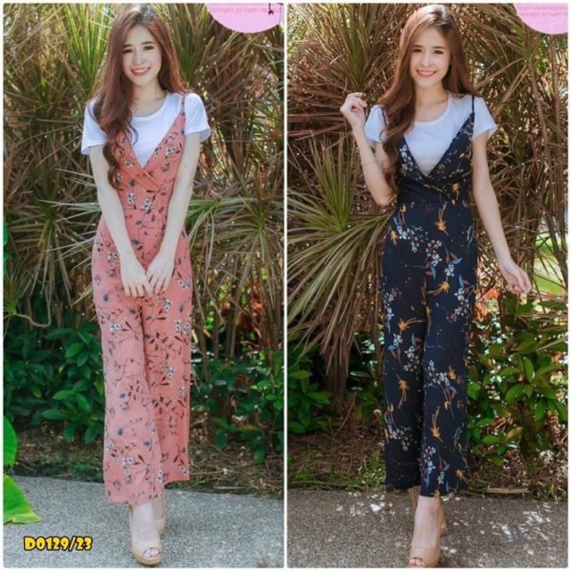 เซท2ชิ้น-เอี๊ยมกางเกงลายดอก-เสื้อยืดสีขาว