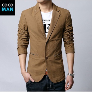 COCO-MAN พร้อมส่ง เสื้อสูทผู้ชาย สีน้ำตาล กระดุม 2 เม็ด แต่งกระเป๋าข้าง สูททำลอง สูทใส่ทำงาน