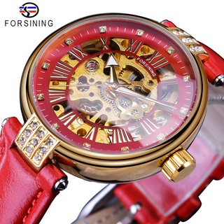 Forsining Fashion Golden Skeleton Diamond Design Red Genuine Leather Band Luminous Lady Mechanical Watches Top Brand Lux