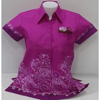 เสื้อเชิ๊ตอัดกาวสีม่วงลายดอกดาวกระจาย หญิง