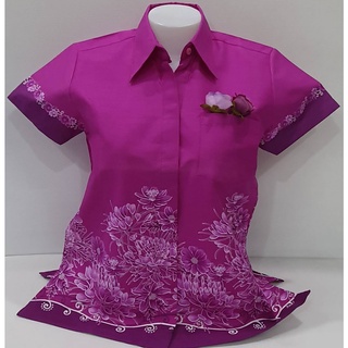 เสื้อเชิ๊ตอัดกาวสีม่วงลายดอกดาวกระจาย หญิง