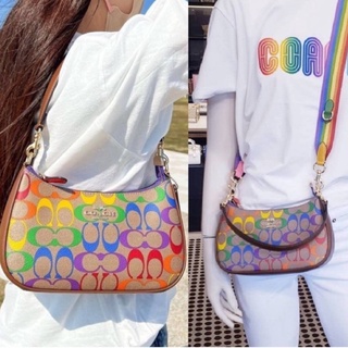 (ผ่อน0%) กระเป๋าสะพายข้าง Coach Teri Shoulder Bag In Rainbow Signature Canvas CA176 ลายซี สีรุ้ง สายสปอร์ต ขนาด 9 นิ้ว