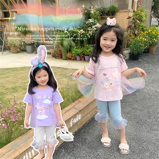 ใหม่ เสื้อยืดลําลอง แฟชั่นสําหรับเด็กผู้หญิง ผ้าฝ้าย แขนสั้น พิมพ์ลายกระต่าย Linabell ติดโบว์ สีรุ้ง ขนาดใหญ่ 2022