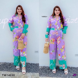 TW14698 Set 2 ชิ้น BigSize เสื้อเชิ้ตคอปก แขนยาว + กางเกงขายาว มีกระเป๋าล้วงข้าง เนื้อผ้าไหมอืตาลี พิมพ์ลายดอกไม้