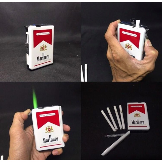 ภาพหน้าปกสินค้ากล่องบุหรี่มีไฟแช็คในตัว สีขาว มาโบโร่ ใส่ได้ 10 ตัว