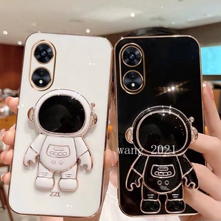 Plating Astronaut Stand Phone Case for OPPO Reno8 T 4G 5G เคส Luxury Electroplating Square Casing Camera Lens Protective Soft Case เคสโทรศัพท