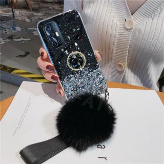เคส วีโว่ วี19 Phone Case Luxury Rhinestone Ring Holder Strap Fur Ball Clear Star Space TPU Soft Cover Casing Vivo V19 V 19