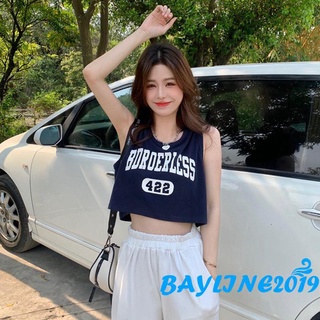 Bay- เสื้อครอปท็อป คอกลม แขนกุด พิมพ์ลายตัวอักษร ตัวเลข ทรงหลวม สไตล์สตรีท เหมาะกับฤดูร้อน สําหรับผู้หญิง