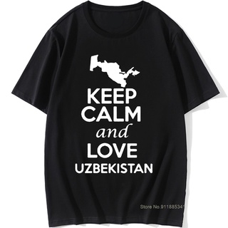 เสื้อยืดคอกลม แขนสั้น ผ้าฝ้าย พิมพ์ลายกราฟฟิค Keep Calm And Love Uzbekistan สไตล์ฮาราจูกุ สําหรับผู้ชาย และผู้หญิง