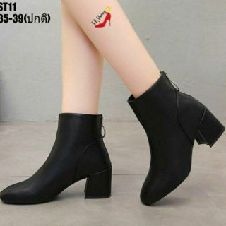 👢ส่งไวมีเก็บเงินปลายทางบูท หนัง pu สูง 2.5 นิ้ว รองเท้าบูทหุ้มส้นเหลี่ยม หนังpu หนังนิ่มสวย ทรงหัวมน