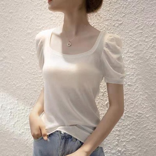 เสื้อยืดแขนสั้น คอสี่เหลี่ยม ผ้าถัก แบบบาง ขนาดใหญ่ สีพื้น แฟชั่นฤดูร้อน สําหรับผู้หญิง