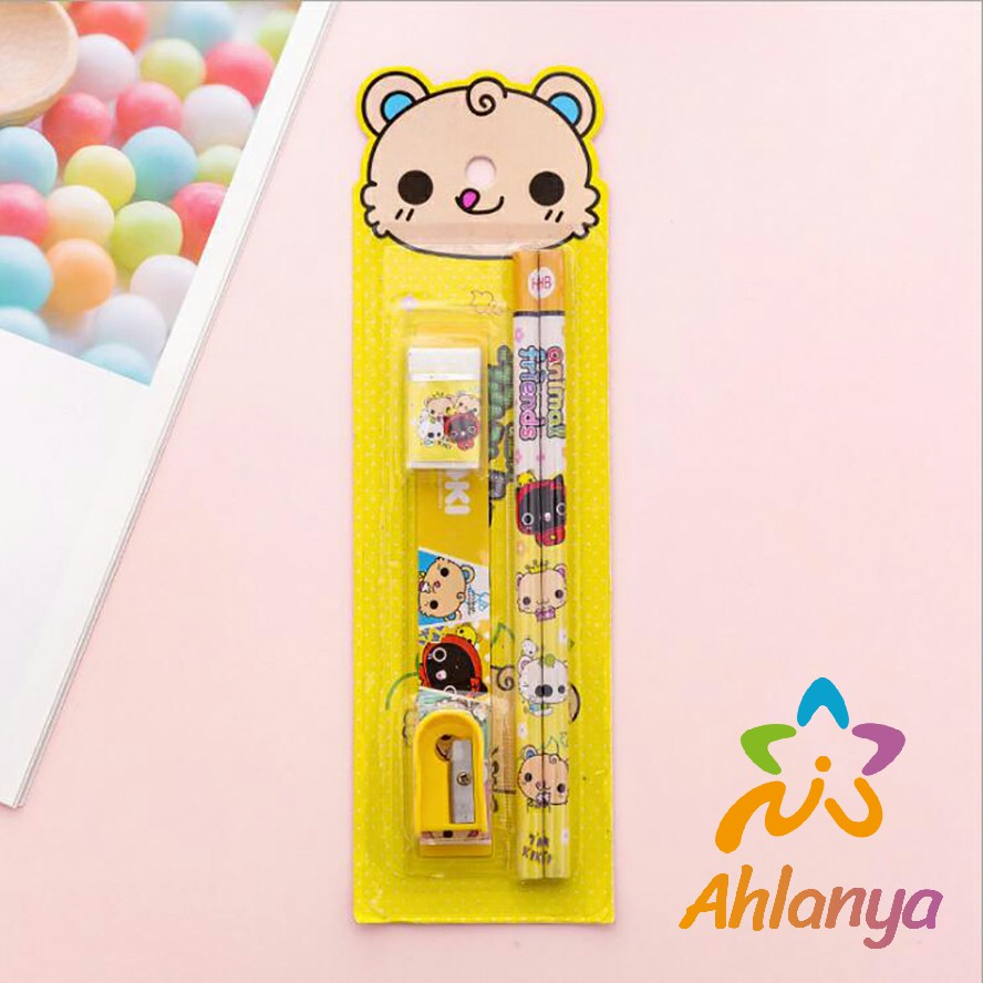 ahlanya-เครื่องเขียนราคาถู-ชุดเครื่องเขียนดินสอลายการ์ตูนน่ารัก-4-ชิ้น-เครื่องเขียนราคาถู-cartoon-stationery-set