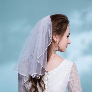 Tulle Wedding Dress Veils White Ribbon Edge Rhinestones Fake Pearls Short Bridal