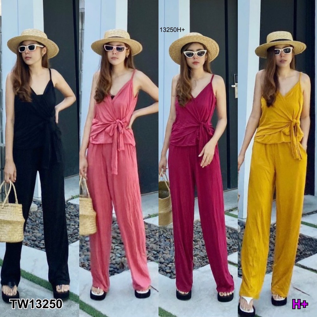 สอบถามก่อนสั่งนะคะ-tw13250-set-2-ชิ้น-เสื้อสายเดี่ยว-แต่งสายผูกโบว์ข้าง-มาคู่กับกางเกงขายาว-ทรงขากระบอก