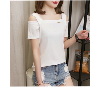 รุ่น-158 ฤดูร้อนใหม่แขนสั้นเสื้อยืดคอเหลี่ยมเปิดไหล่ผู้หญิงสีพื้น สไตล์เกาหลี ผ้านุ่มสวมใส่สบาย พร้อมส่ง