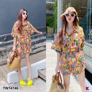 Set 3 ชิ้น เสื้อเชิ้ตแขนสั้น กระดุมหน้า มาพร้อมกางเกงขาสั้น เอวยางยืดเส้นใหญ่