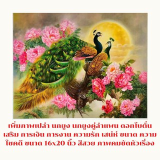 รูปภาพมงคล นกยูงคู่รัก ชมจันทร์บนกิ่งโบตั๋น  ขนาดภาพ 16x20นิ้ว ( 40.6x50.8 ซม.) (2045