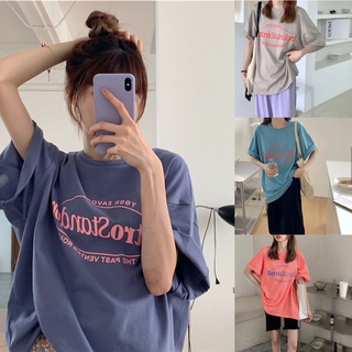 เสื้อยืดพิมพ์ลายคอตตอนไซส์ใหญ่ oversize T-shirt เสื้อผ้าแฟชั่น เสื้อยืดตอกลมทรงหลวมสไตล์เกาหลีน่ารัก