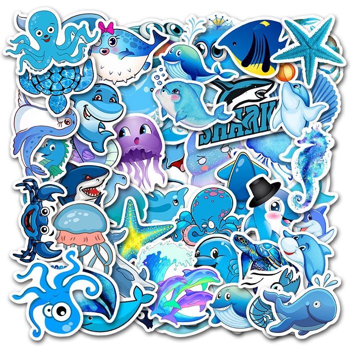 ภาพหน้าปกสินค้าสติ๊กเกอร์ลายการ์ตูนสัตว์ทะเลสีฟ้า 49 ชิ้น / ชุด