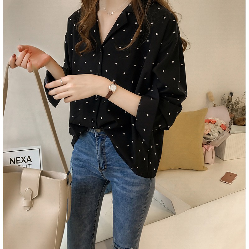 เสื้อเชิ้ตลายจุดเล็ก-แฟชั่นเกาหลี-น่ารัก-ราคาถูก