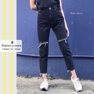 BabarryJeans ยีนส์ทรงบอยเฟรน เอวสูง ขาดเข่า สียีนส์ดำมิทไนท์