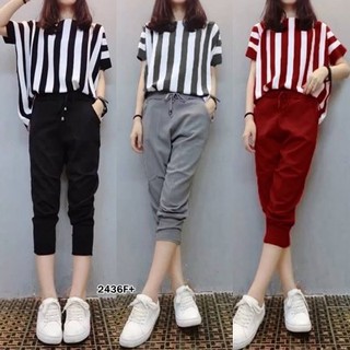 เสื้อแขนสั้นลายริ้ว+กางเกงขาจั๊ฒสี่ส่วน TW2436