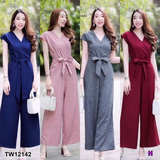 TW12142Jumpsuit จั้มสูทแขนกุด ขายาวผ้าสลาฟ ขากระบอกกว้าง เอวมีสายผูกเอว มีซิปหลัง พร้อมส่ง