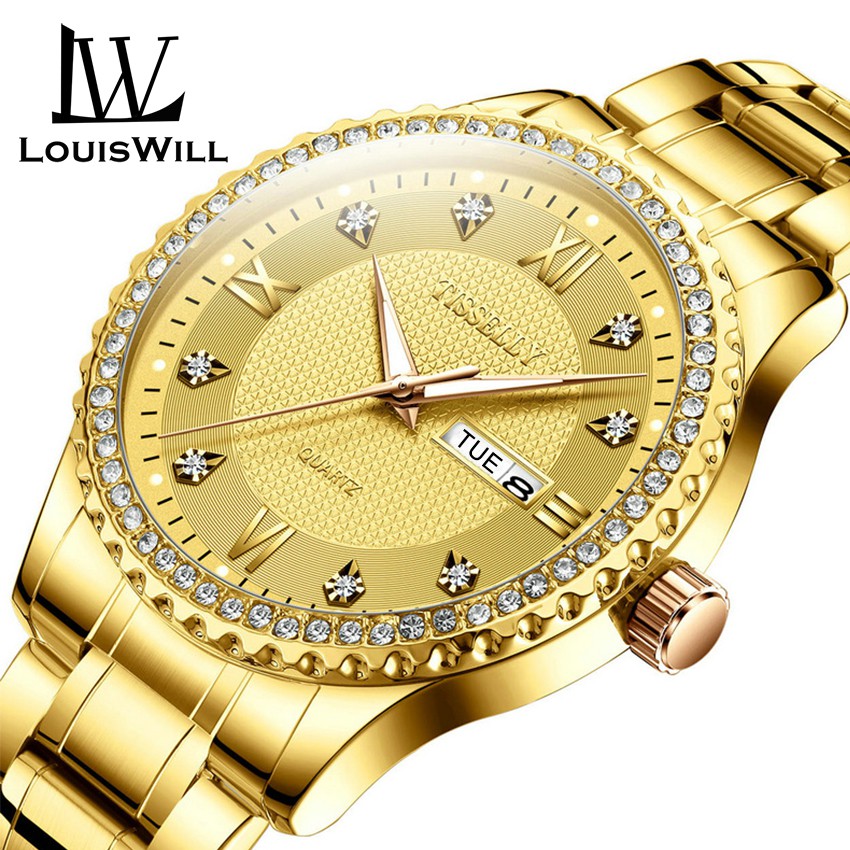 ราคาและรีวิวLouiswill นาฬิกาข้อมืออะนาล็อก ประดับเพชร กันน้ํา สีทอง หรูหรา สไตล์นักธุรกิจ สําหรับผู้ชาย