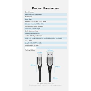 ภาพขนาดย่อของภาพหน้าปกสินค้าVention(COF) 5A USB Type C Cable Fast Charging USB-C Charger Cable for Phone Cord จากร้าน toara บน Shopee ภาพที่ 2